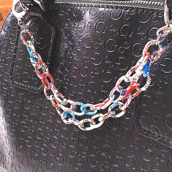 Art Deco Bag Chain 8" White Colorful Enameled Metal Rainbow Artsy Fairygoth Fun - Picture 4 of 9